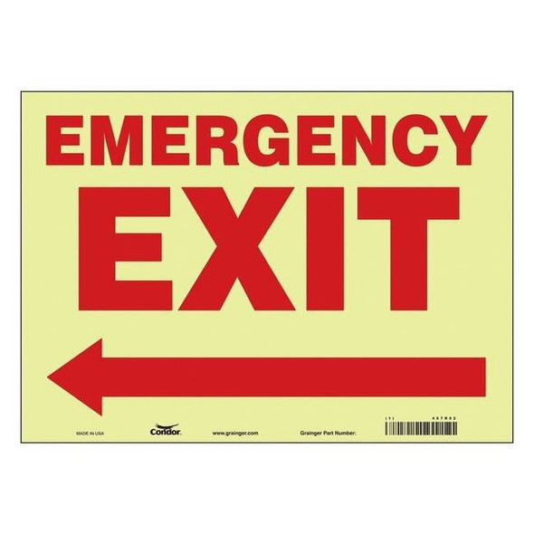 Condor Exit Sign, Vinyl, 14" W, 10" H, EMERGENCY EXIT W/SYMBOL, White 467R02