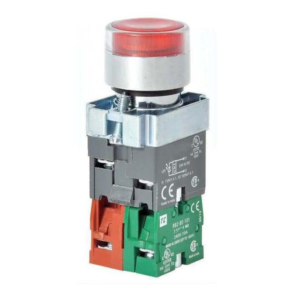 Dayton Illuminated Push Button, 22 mm, 1NO/1NC, Red 30G206