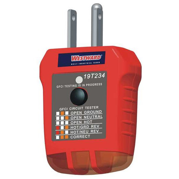 Westward Receptacle Tester with GFCI,110to 125VAC 19T234