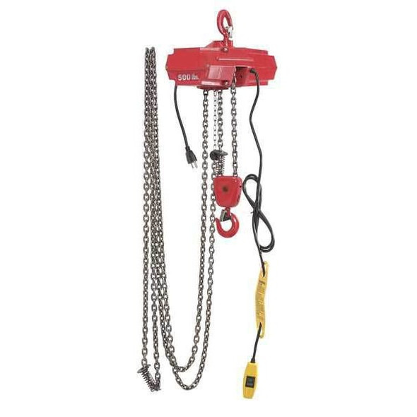 Dayton Electric Chain Hoist, 500 lb, 10 ft, Hook Mounted - No Trolley, 115V AC, Red 4GU71