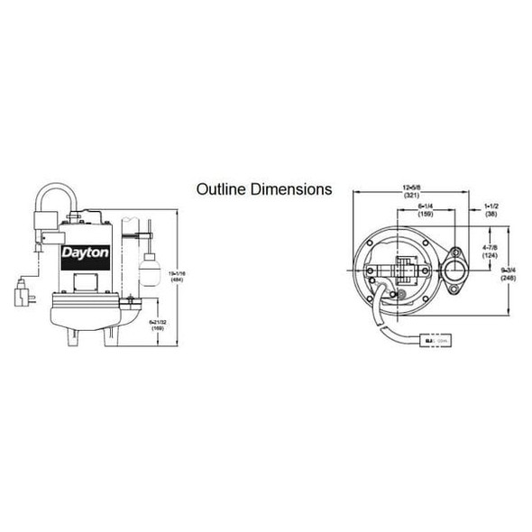 Dayton 1 HP 2" Auto Submersible Sewage Pump 230V Tether 3BB90