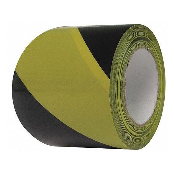 Floor Marking Tape, vinyl, Striped, Black, Yellow, 3 in W., 8 mil Thickness