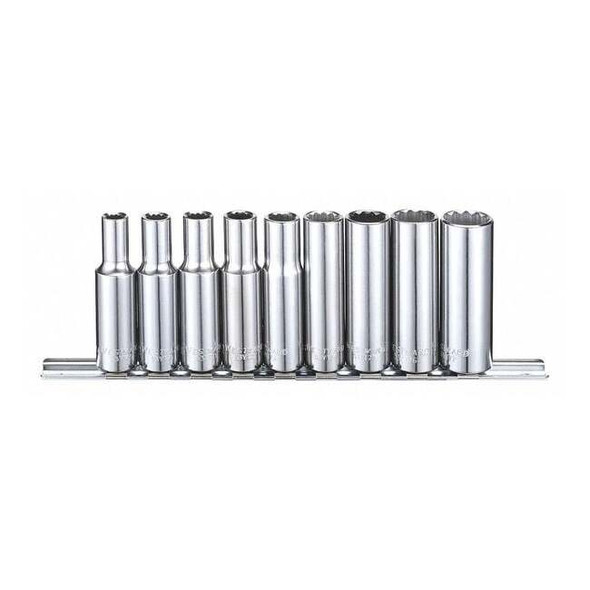 3/8" Drive Socket Set, SAE, 9 Pieces, 1/4 to 5/8 in, Chrome, 12-Point