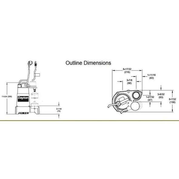 Dayton 1/3 HP 1-1/2" F Submersible Sump Pump 120V AC Vertical 3BB81