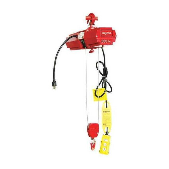 Electric Wire Rope Hoist, 500 lb, 10 ft, Hook Mounted - No Trolley, 115V AC, Red