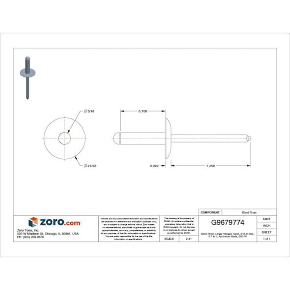 Blind Rivet, Flanged Head, 3-16 in Dia., 45-64 in L, Aluminum Body, 250 PK  U33191.018.0068