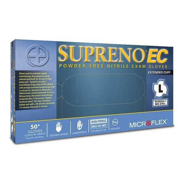SEC-375, Disposable Gloves, 3.00 to 3.99 mil Palm, Nitrile, Powder-Free, XS (6), 50 PK, Blue