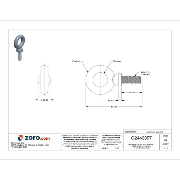 Ken Forging Eye Bolt With Shoulder, M22-2.50, 63.5 mm Shank, 46 mm ID, Steel, Plain M22