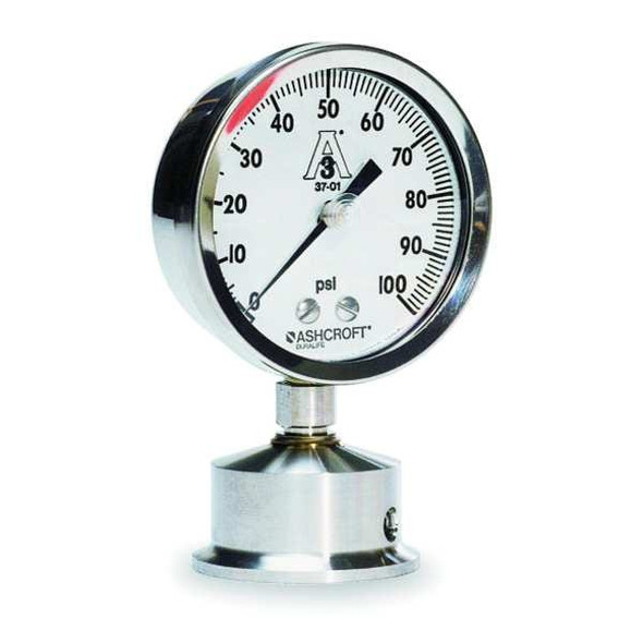 Pressure Gauge, 0 to 30 psi, 2 1/2 in Dial, 1 1/2 in Tri-Clamp, Bottom Location