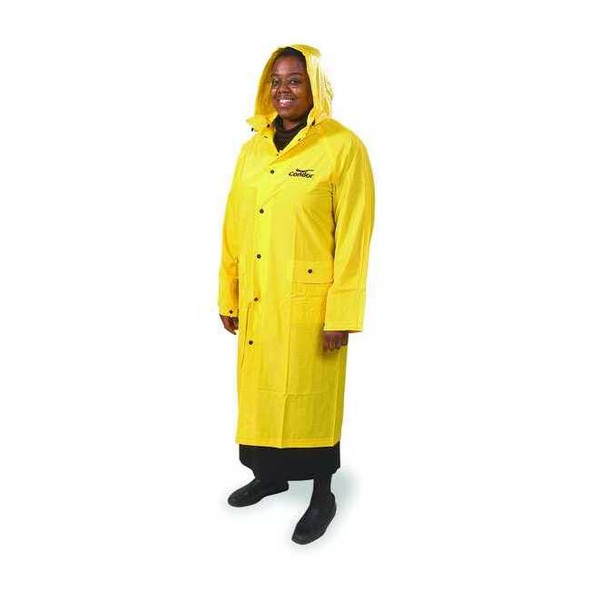 Raincoat with Detachable Hood, PVC, 49 in Length, Snap Closure, Yellow, M