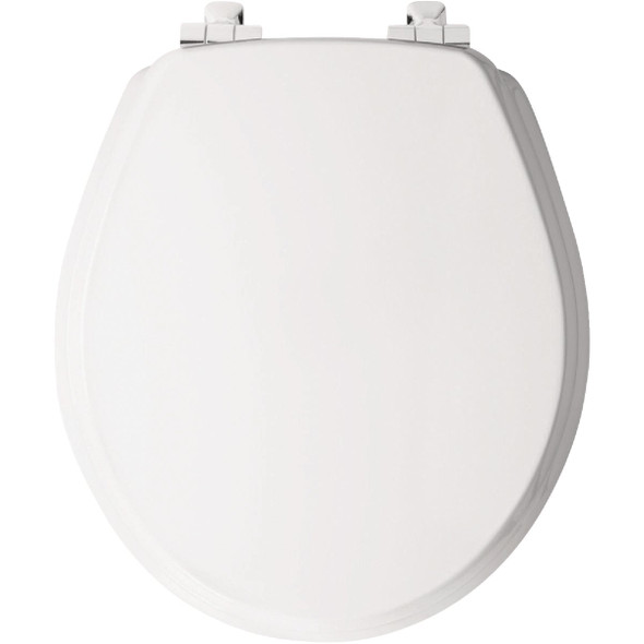 Bemis Mayfair Benton Round White Enameled Wood Toilet Seat with Slow Close Chrome Metal Hinge