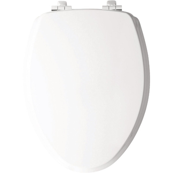 Bemis Mayfair Benton Elongated White Enameled Wood Toilet Seat with Slow Close Chrome Metal Hinge