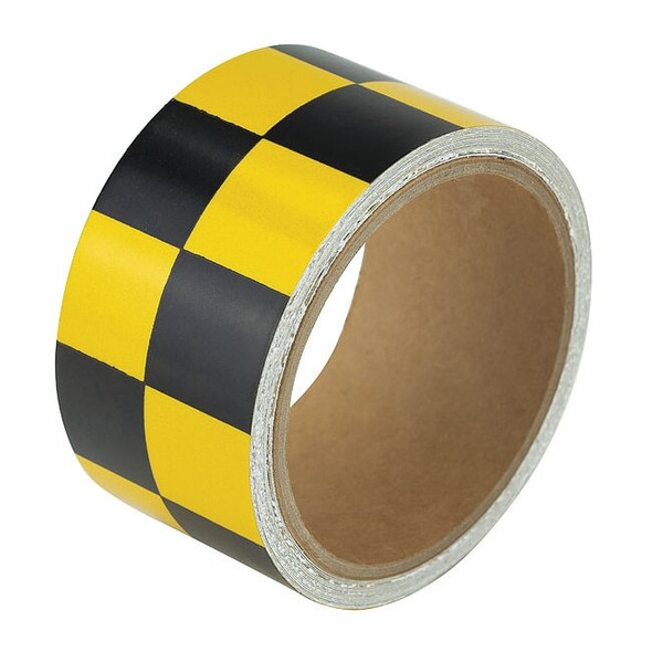 Floor Marking Tape, vinyl, Checkered, Black, Yellow, 2 in W., 0.065 in Thickness