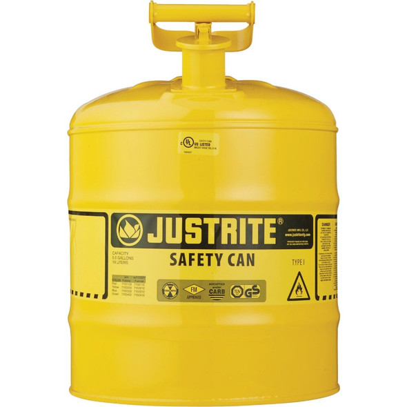 Justrite 5 Gal. Type I Galvanized Steel Safety Fuel Can, Yellow 7150200 570408