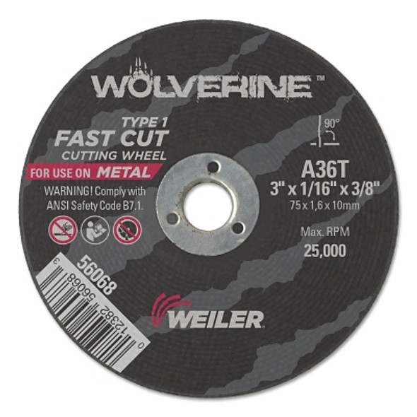 Wolverine® Cut-Off Wheel, Type 1, AO, 3 in dia x 3/8 in Arbor x 1/8 in Thick, 36T, 25 EA/BX
