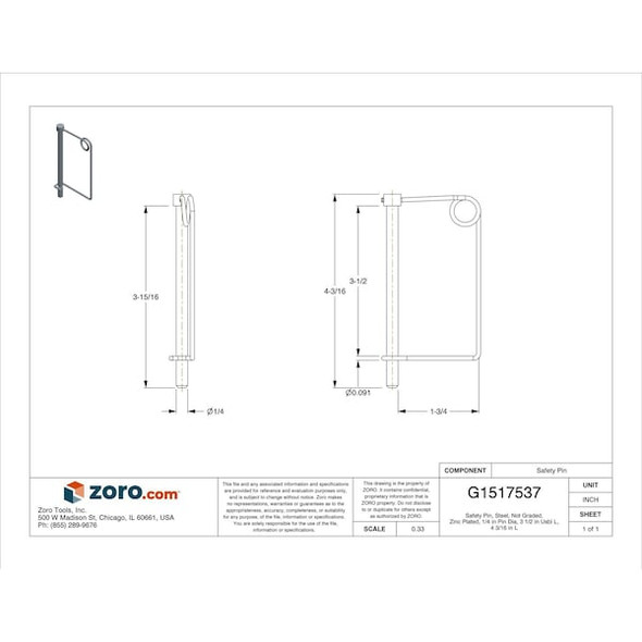 Safety Pin, Steel, Not Graded, Zinc Plated, 1/4 in Pin Dia, 3 1/2 in Usbl L, 4 3/16 in L