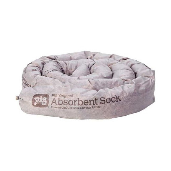 Pig Sorbent Sock, 13 gal, 3 in x 8 ft, Universal, Gray, 16 PK PIG209