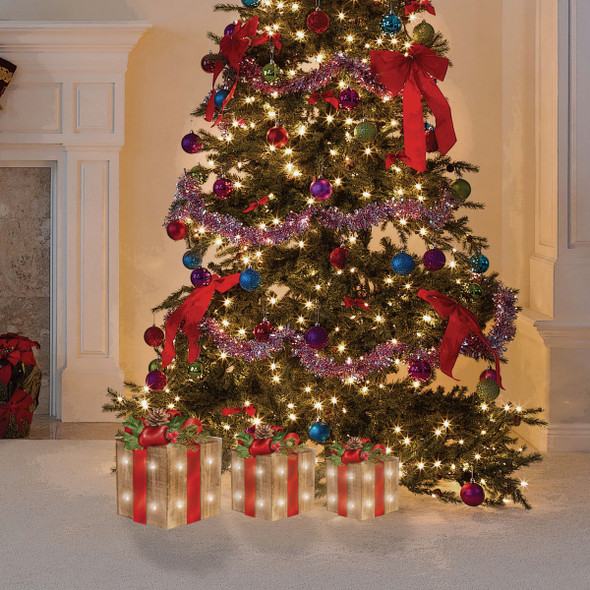 Alpine Warm White LED Rustic Wood with Red Ribbon Christmas Gift Box Set (3-Piece) Alpine Warm White LED Rustic Wood with Red Ribbon Christmas Gift Box Set (3-Piece)