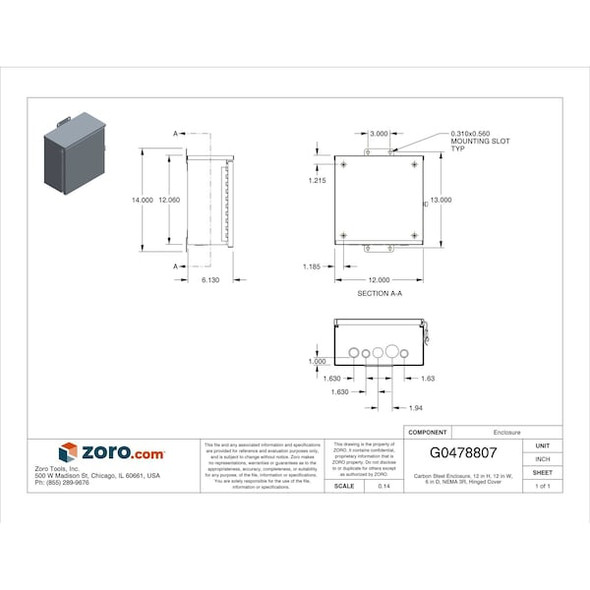 Wiegmann Padlockable Hasp Electrical Enclosures, 12 in H, 6 in D, 12 in W, 3R, Steel RHC121206
