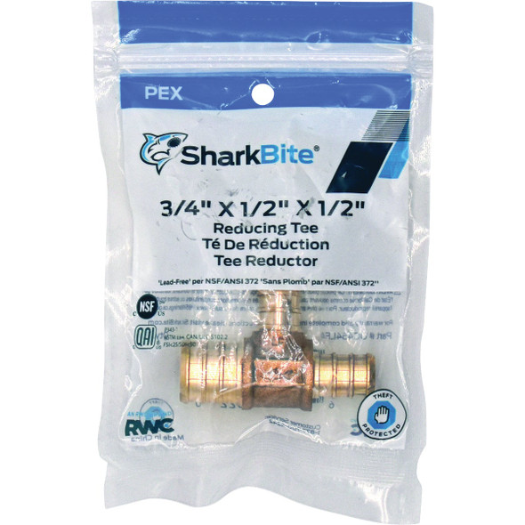 SharkBite 3-4 In. x 1-2 In. x 1-2 In. Barb Reducing Brass PEX Tee UC454LFA 485688