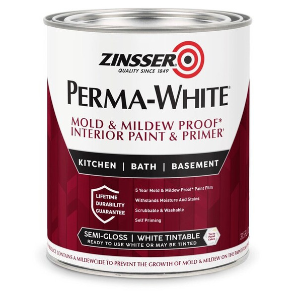 Zinsser Interior Paint, Semi-Gloss, Water Base, White, 1 qt 2754