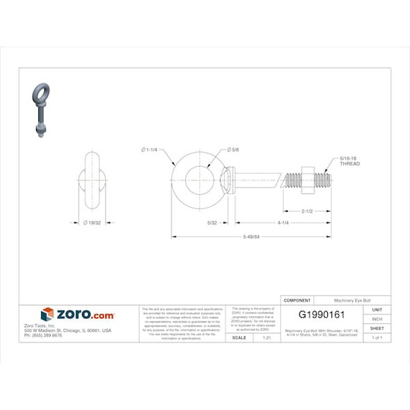 Eye Bolt With Shoulder, 5/16"-18, 4-1/4 in Shank, 5/8 in ID, Steel, Galvanized