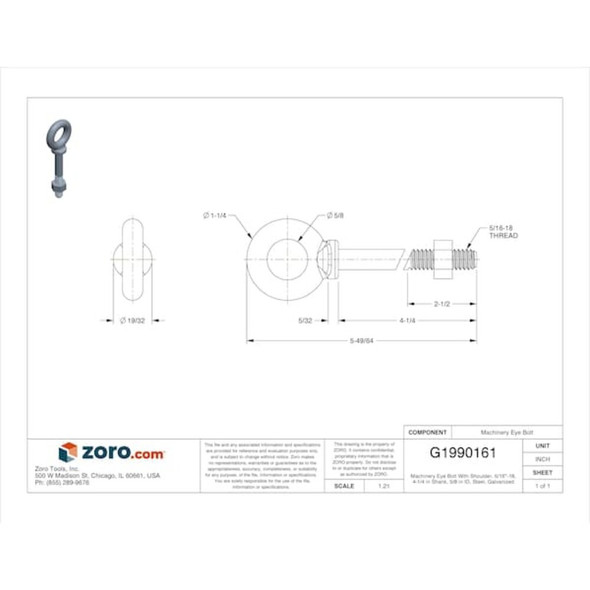 Eye Bolt With Shoulder, 5-16"-18, 4-1-4 in Shank, 5-8 in ID, Steel, Galvanized  N2022-4-1/4