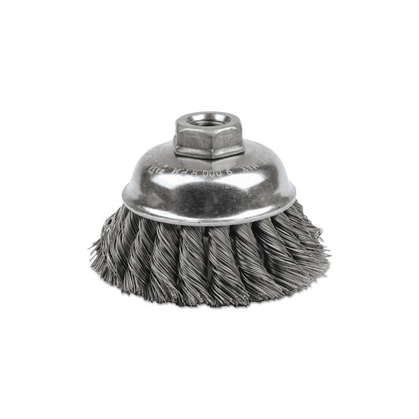 Single Row Heavy-Duty Knot Wire Cup Brush, 3 1/2 in Dia., 5/8-11 UNC, .014 Steel