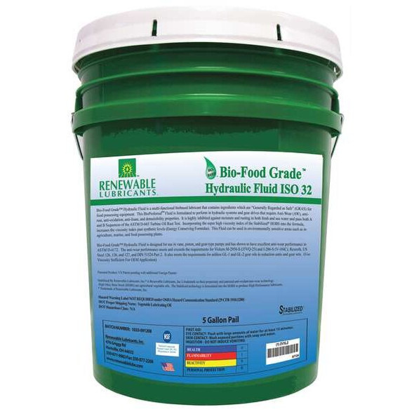 Renewable Lubricants Bio-Food Grade Hydraulic Fluid, 5 gal., ISO 32 87124