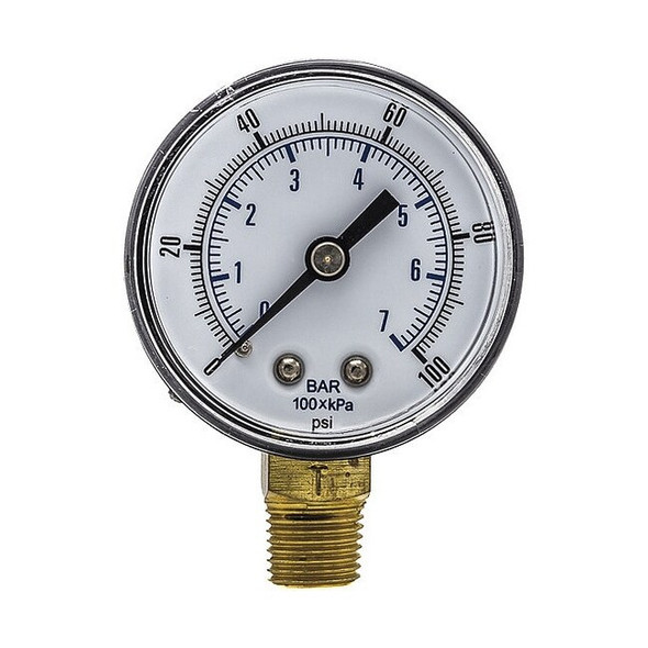 Industrial Pressure Gauge, 0 to 100 psi, 2 in Dial, 1/4 in BSPT, Bottom Location