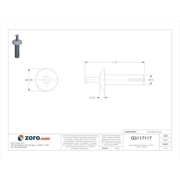 Mkt Fastening Zap-It Nail Drive Anchor, 1/4" Dia., 1-1/2" L, 100 PK 3924000