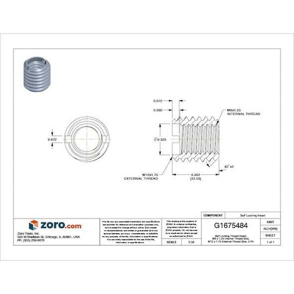 E-Z Lok Thread Insert,M8x1.25x12.5mm,Pk5 453-8-PK5
