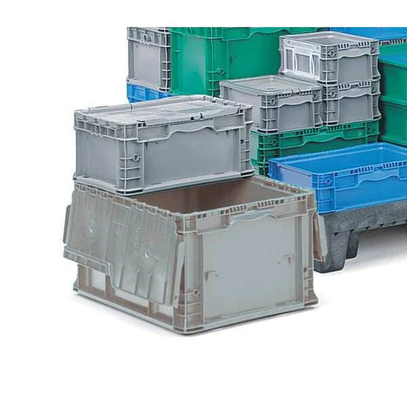 Attached Lid Container, 8.22 gal Volume Cap., 24 in L, 15 in W, 7 in H, Plastic, Gray