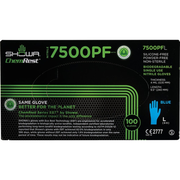Showa Large Blue Nitrile Biodegradable Disposable Gloves (100-Pack) 7500PFL 760531