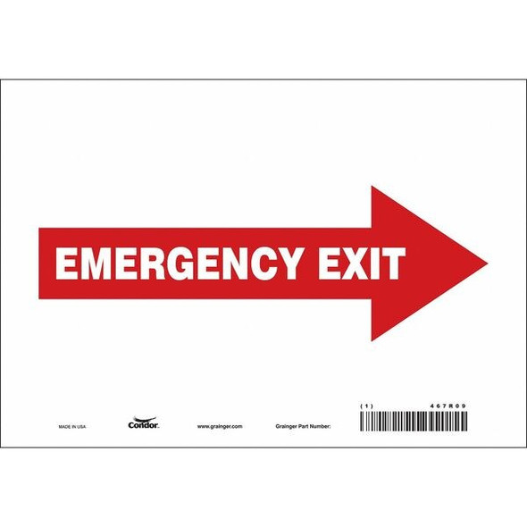 Condor Exit Sign, Vinyl, 10" W, 7" H, EMERGENCY EXIT W/SYMBOL, Red 467R09
