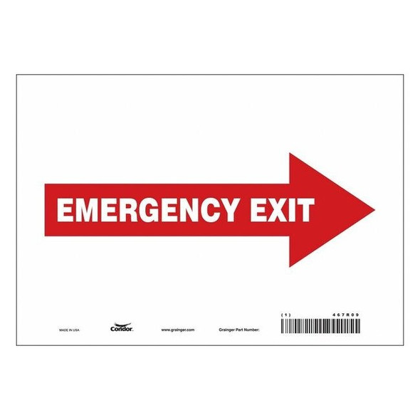 Condor Exit Sign, Vinyl, 10" W, 7" H, EMERGENCY EXIT W/SYMBOL, Red 467R09
