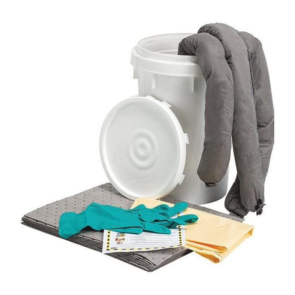 Spill Kit, 9 gal Volume Absorbed per Kit, 6 1/2 gal Capacity, Bucket, White, 21