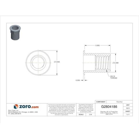 Rivet Nut, 3-8"-16 Thread Size, 0.655 in Flange Dia., 0.685 in L, Steel, 25 PK  CAH2-3716-150-25