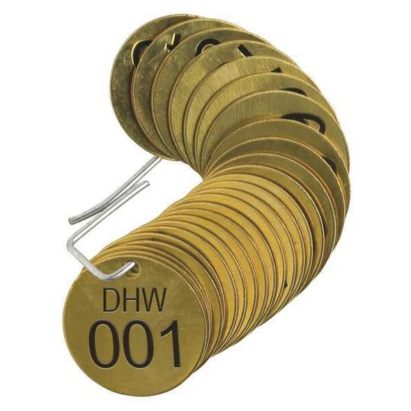 Numbered Tag, Brass, 1 1/2 in H x 1 1/2 in W, 1 1/2 in Dia., Brass, Round, 25 PK