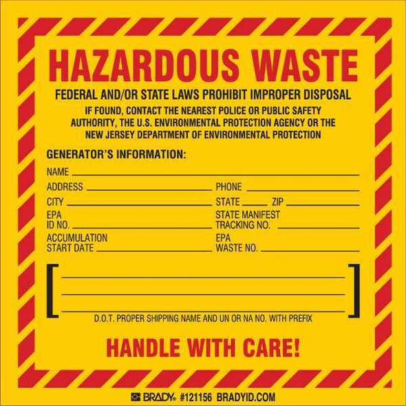 Brady DOT Handling Label,Waste,6" Label W,PK50 121156