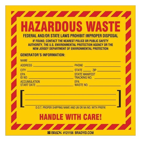 Brady DOT Handling Label, Yellow, Vinyl, PK50 121156