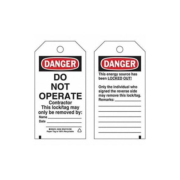 Brady Danger Tag, Cardstock, 5 3/4 in H x 3 in W, Rectangle, 25 PK 50256
