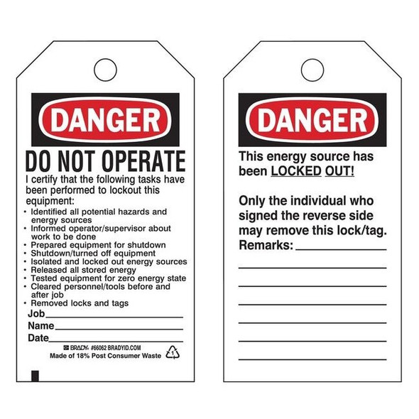 Brady Danger Tag,5-1/2 x 3 In,Hd Polyest,PK25, 65524 65524