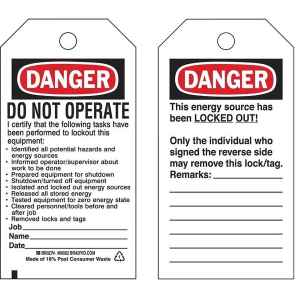 Brady Danger Tag,5-1/2 x 3 In,Hd Polyest,PK25 65524