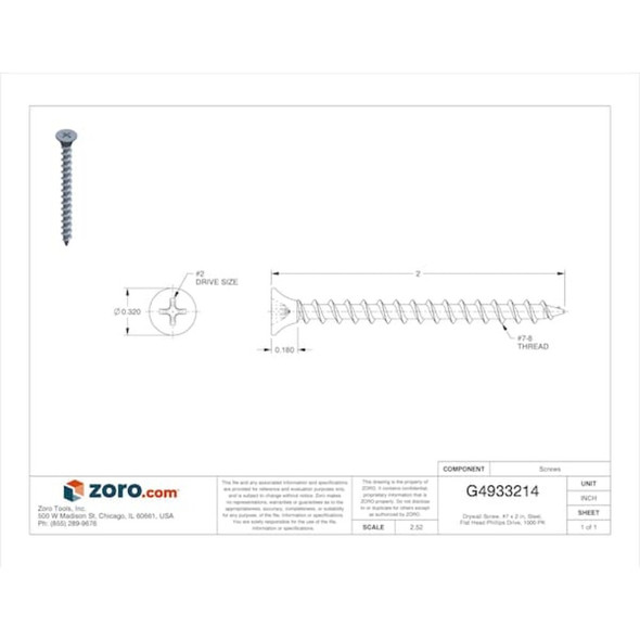 Drywall Screw, No 7 x 2 in, Steel, Flat Head Phillips Drive, 1000 PK  07A200P