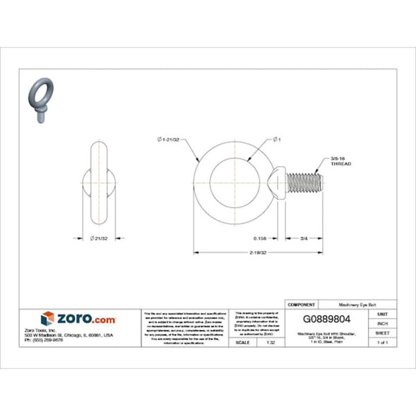 Eye Bolt With Shoulder, 3-8"-16, 3-4 in Shank, 1 in ID, Steel, Plain  K2023-A