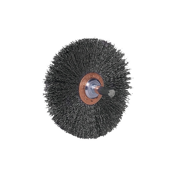 Stem-Mounted Wide Conflex Brush, 3 in dia x 1 in W Face, 0.008 in Stainless Steel Wire, 20000 RPM