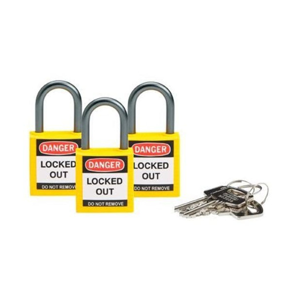 Brady Lockout Padlock,KA,Yellow,1-2/5"H,PK3 118961