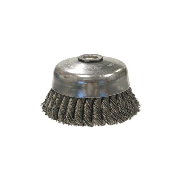 Single Row Heavy-Duty Knot Wire Cup Brush, 5 in dia, 5/8-11 UNC, 0.023 Steel Wire