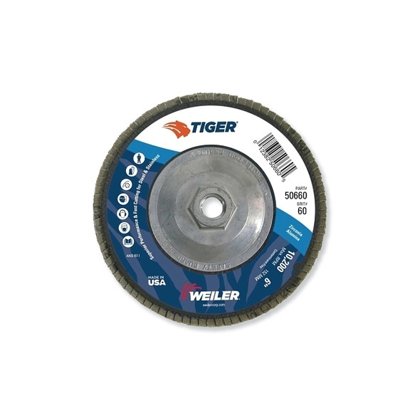 Tiger® Disc Abrasive Flap Disc, 6 in dia, 60 Grit, 5/8 in-11, 10200 rpm, Type 29